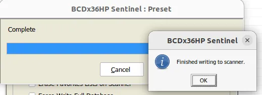 A dialog box titled BCDx36HP Sentinel with the text "Finished writing to the scanner"