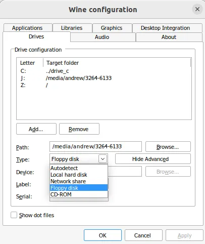 Selecting Floppy disk under the Type field of the Drives tab of the Wine Config dialog