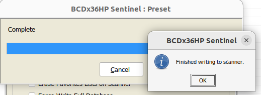 A dialog box titled BCDx36HP Sentinel with the text &ldquo;Finished writing to the scanner&rdquo;