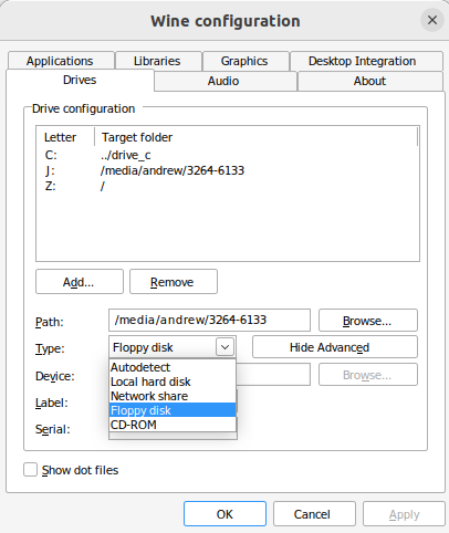 Selecting Floppy disk under the Type field of the Drives tab of the Wine Config dialog