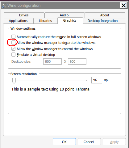The winecfg dialog with the Graphics tab selected and &lsquo;Allow the window manager to decorate the windows&rsquo; unchecked, but &lsquo;Allow the window manager to control the windows&rsquo; checked