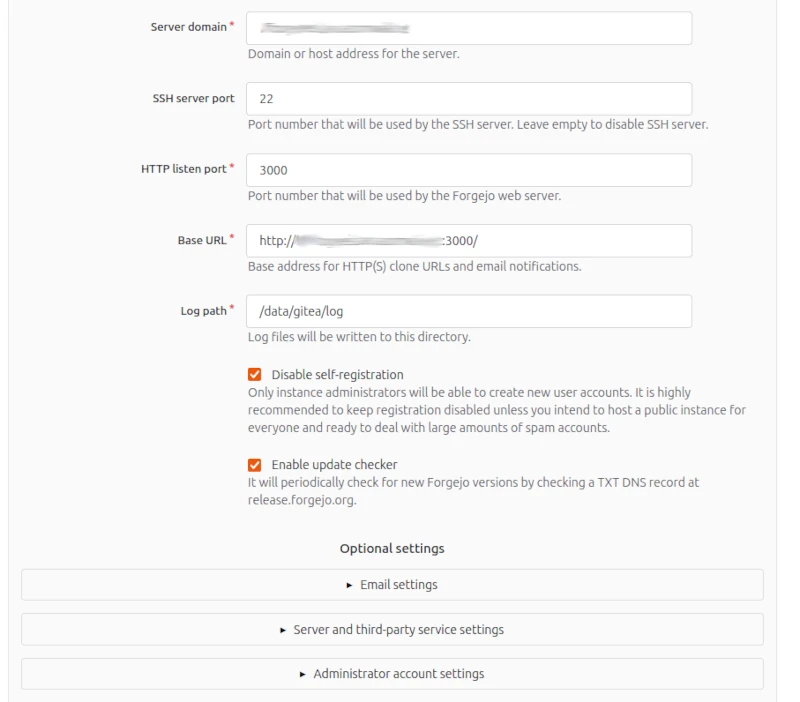 The onboarding screen. All the defaults are checked except the server domain, which is masked, and the base URL, which is masked except you can see it starts with http and ends with :3000/