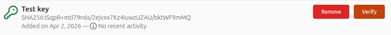 A key called Test key. Two buttons are on the right: &ldquo;Remove&rdquo; and &ldquo;Verify&rdquo;