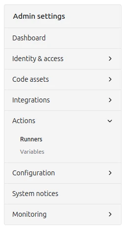 The Admin settings panel. Actions has been expanded so you can see Runners