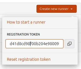 A dialog titled &ldquo;How to start a runner&rdquo;. The registration token text field has a copy button to the right of it