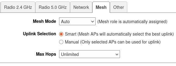 The Mesh tab is selected. Mesh Mode is Auto, Uplink Selection is Smart, and Max Hops is Unlimited