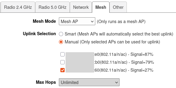 The Mesh tab is selected. Mesh Mode is Mesh AP, the Uplink Selection is Manual, and there are three MAC addresses with check boxes and signal reports. Only the third check box, the MAC that ends in :60, has its check-box checked. Max Hops is Unlimited