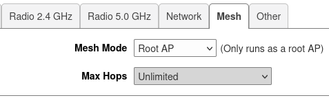 The Mesh tab is selected. Mesh Mode is Root AP, there is no Uplink Selection available, and Max Hops is Unlimited
